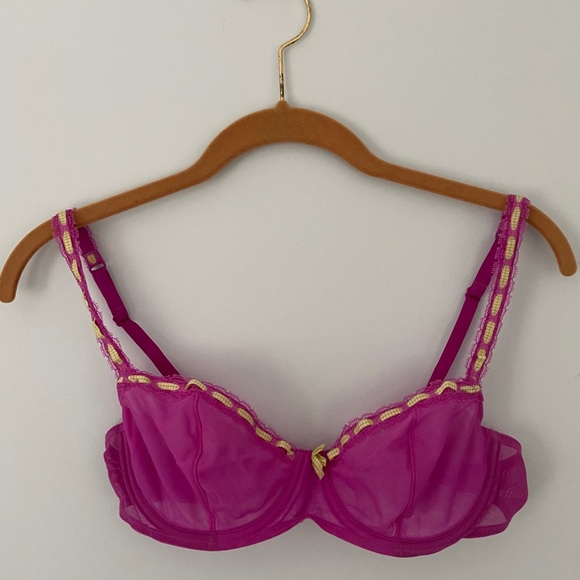 sheer magenta bra w/green gingham ribbon - Picture 2 of 2